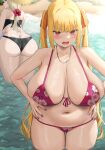  2girls ass bare_shoulders bikini black_bikini blonde_hair blush breasts cleavage commentary_request floral_print flower hair_flower hair_ornament hair_ribbon hands_on_own_hips highres huge_breasts jewelry long_hair looking_at_viewer looking_back multiple_girls nail_polish navel necklace oekakizuki open_mouth orange_ribbon original outdoors pink_bikini purple_eyes purple_nails red_eyes ribbon sideboob solo_focus stomach swimsuit thigh_gap thighs twintails water 