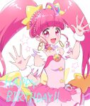  1girl :d ahoge blunt_bangs blush choker cure_star dress earrings fur_cuffs hair_ornament happy_birthday highres hoop_earrings hoshina_hikaru jewelry long_hair looking_at_viewer magical_girl open_mouth pink_choker pink_dress pink_eyes pink_hair pink_skirt planet_hair_ornament pouch precure rii_(rii0_02) simple_background skirt smile solo star_(symbol) star_choker star_hair_ornament star_twinkle_precure twintails very_long_hair white_background wrist_cuffs 