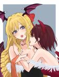  2girls :o \||/ armpits backless_dress backless_outfit bare_shoulders bat_wings black_dress blonde_hair blue_background blue_eyes border bow breasts bridal_gauntlets brown_hair claire_francois cleavage closed_eyes commentary cosplay demon_girl demon_wings dress elbow_gloves english_commentary eyelashes facing_another feather-trimmed_dress feather_trim feathers film_grain gloves hair_between_eyes hair_bow hair_intakes hair_ribbon hand_on_another&#039;s_neck hand_on_another&#039;s_shoulder head_wings heart heart-shaped_pupils highres imminent_bite leaning_back leaning_forward lilith_aensland lilith_aensland_(cosplay) lips lipstick long_hair looking_at_another loose_hair_strand makeup medium_breasts morrigan_aensland morrigan_aensland_(cosplay) multiple_girls nail_polish off-shoulder_dress off_shoulder open_mouth orange_gloves outside_border purple_wings rae_taylor red_bow red_dress red_lips red_nails red_ribbon red_wings ribbon ringlets short_hair sidelocks small_breasts symbol-shaped_pupils teeth tongue ulette upper_body upper_teeth_only vampire_(game) very_long_hair watashi_no_oshi_wa_akuyaku_reijou white_border white_feathers wings yuri 
