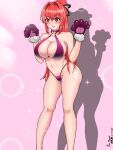  1girl absurdres bare_legs bare_shoulders bikini breasts cleavage highres kenmaster17 large_breasts legs long_hair micro_bikini naruse_mio open_mouth ponytail red_eyes red_hair shinmai_maou_no_testament smile solo swimsuit 