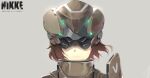 2girls a2_(nier:automata) armor brown_hair copyright_name goddess_of_victory:_nikke grey_background head-mounted_display helmet highres multiple_girls nier:automata nier_(series) oyasuu3 product_12_(nikke) reflection short_hair shoulder_armor simple_background smile solo standing 