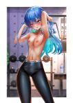  1girl absurdres arm_up armpits blue_eyes blue_hair blush border bottle breasts breath cleavage collarbone commentary earrings exercise_machine feet_out_of_frame green_ribbon grey_eyes gym hair_ornament hair_ribbon hand_up highres hololive hoshimachi_suisei indoors jagoo jewelry long_hair multicolored_hair official_alternate_hair_length official_alternate_hairstyle pants plant ribbon small_breasts sportswear star_(symbol) star_hair_ornament star_in_eye stomach sweat symbol_in_eye topless two-tone_hair variant_set virtual_youtuber water_bottle weights white_border 