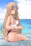  1girl ass blue_sky cloud commentary_request day foguma goddess_of_victory:_nikke goggles goggles_on_head highres horizon light_brown_hair looking_at_viewer looking_back ocean one-piece_thong outdoors pool poolside rapi_(nikke) red_eyes sky solo two-tone_swimsuit 