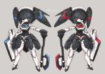  2girls absurdres android axe black_hair blue_eyes breasts cleavage full_body grey_background hand_on_hilt highres holding holding_shield kuruton486 looking_at_viewer mechanical_hair medium_breasts multiple_girls one_eye_covered original red_eyes science_fiction shield 