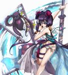  1girl absurdres badnick69_(camchi) bikini bracelet fate/grand_order fate_(series) floral_print highres jewelry katana katsushika_hokusai_(fate) katsushika_hokusai_(swimsuit_saber)_(fate) leg_belt multiple_swords octopus purple_hair simple_background swimsuit sword thigh_strap weapon white_background white_bikini 