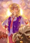  1boy absurdres arven_(pokemon) blurry blurry_foreground clenched_hand closed_eyes cloud facing_viewer grin hair_over_one_eye hand_on_own_hip highres long_hair male_focus mofumofuyarou necktie open_clothes open_vest orange_necktie orange_pants outdoors pants pokemon pokemon_sv purple_vest shirt sky smile sun sunset teeth twilight vest 