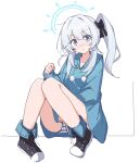  1girl black_footwear blue_archive blue_halo blue_hoodie blush dice_choco full_body grey_hair hair_between_eyes halo hood hoodie long_hair long_sleeves miyako_(blue_archive) panties parted_lips purple_eyes shoes side_ponytail solo striped striped_panties underwear 