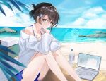  1girl beach bikini bikini_skirt black_hair blue_bikini blue_sky blush computer grey_eyes halterneck highres hoshikani imiya_nenom indie_virtual_youtuber laptop looking_at_viewer ocean open_mouth shirt short_hair sitting sky solo swimsuit virtual_youtuber white_shirt 