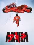  1boy akira akira_movie_poster biker_clothes black_hair boots copyright_name from_above from_behind full_body gloves ground_vehicle highres jumpsuit kaneda_shoutarou&#039;s_bike kaneda_shoutarou_(akira) male_focus motor_vehicle motorcycle official_art ootomo_katsuhiro solo wide_shot 