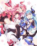  2girls :d ass bare_shoulders black_dress black_gloves black_panties black_thighhighs blue_bow blue_eyes blue_hair bow dress fang frilled_dress frills gloves hair_bow highres holding_hands honkai_(series) honkai_impact_3rd horns liliya_olenyeva long_hair looking_at_viewer looking_back multiple_girls open_mouth panties pink_bow pink_hair rozaliya_olenyeva shoe_soles siblings single_horn skin_fang smile star_(symbol) tail takuan_(takuan0907) thighhighs twins underwear white_thighhighs 