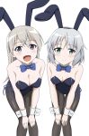  2girls animal_ears black_leotard black_pantyhose blue_eyes bow bowtie breasts cleavage commentary_request detached_collar eila_ilmatar_juutilainen fake_animal_ears feet_out_of_frame green_eyes hands_on_own_knees highres kanata_mako leotard long_hair looking_at_viewer medium_breasts multiple_girls pantyhose playboy_bunny rabbit_ears sanya_v._litvyak short_hair side-tie_leotard simple_background small_breasts smile strike_witches thigh_gap white_background white_hair world_witches_series wrist_cuffs 