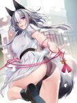  1girl belt black_panties blue_eyes blush bow breasts clothes_lift dress extra_ears fox_girl grey_hair highres large_breasts long_hair looking_at_viewer open_mouth original outdoors panties petals see-through skirt skirt_lift smile solo tail underwear white_dress yukibuster_z 