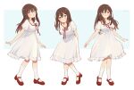  3girls absurdres blush breasts brown_eyes brown_hair casual chinese_commentary closed_mouth commentary double-parted_bangs dress frilled_dress frills from_side full_body hair_between_eyes hair_ornament hairclip highres inuinu-s kagerou_project leaning_forward legs_apart light_blue_background long_hair looking_at_viewer mary_janes multiple_girls multiple_persona neck_ribbon no_scarf official_alternate_costume puffy_short_sleeves puffy_sleeves red_footwear red_ribbon red_trim ribbon shoes short_sleeves small_breasts smile socks standing tareme tateyama_ayano two-tone_background white_background white_dress white_socks 