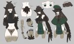  1girl @_@ animal_ears animal_hands bare_shoulders bird_ears bird_legs bird_tail black_feathers black_hair black_sweater black_wings blunt_bangs brown_panties claws commentary cropped_sweater crowe_(gimli34) digitigrade english_commentary feathers gimli34 green_eyes green_poncho grey_background hair_over_eyes harpy highres long_hair midriff monster_girl multiple_views navel open_mouth original panties poncho reference_sheet sharp_teeth simple_background sleeveless sleeveless_sweater sleeveless_turtleneck sweatdrop sweater tabard tail talons teeth turtleneck turtleneck_sweater underwear winged_arms wings 
