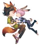 2girls ahoge alternate_costume animal_ears belt black_hair blue_necktie blue_shirt blush brown_pants collared_shirt commentary_request cosplay crossover fox_ears fox_tail full_body green_shirt highres holding_another&#039;s_arm judy_hopps judy_hopps_(cosplay) kabocha1408 kijin_seija looking_at_another multicolored_hair multiple_girls necktie nick_wilde nick_wilde_(cosplay) open_mouth pants police police_uniform policewoman print_shirt purple_eyes purple_hair rabbit_ears rabbit_tail red_eyes red_hair sandals shirt short_hair short_sleeves simple_background smile streaked_hair striped_necktie sukuna_shinmyoumaru sweatdrop tail touhou uniform utility_belt vest white_background zootopia 
