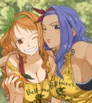  2girls apron arm_around_shoulder bare_shoulders blue_eyes blue_hair blue_tank_top blurry blurry_background breasts chest_tattoo cleavage commentary dark-skinned_female dark_skin earrings food fruit green_hairband green_ribbon grin hair_ribbon hairband heads_together highres holding holding_food holding_fruit jewelry large_breasts lips long_hair looking_at_viewer mandarin_orange multiple_girls nami_(one_piece) nojiko one_eye_closed one_piece orange_eyes orange_hair orange_nails parted_lips pearl_earrings pink_lips red_hairband red_ribbon red_tank_top ribbon siblings single_sidelock sisters smile tank_top tattoo teeth upper_body urasanmyaku wavy_hair yellow_apron 