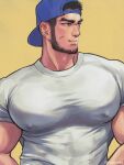  1boy backwards_hat bara baseball_cap black_hair brown_background closed_mouth covered_nipples facial_hair golden_kamuy hat large_pectorals long_sideburns male_focus muscular muscular_male nopinzo pectorals scar scar_on_cheek scar_on_face shirt short_hair sideburns simple_background smile solo tanigaki_genjirou thick_eyebrows twitter_username upper_body white_shirt 