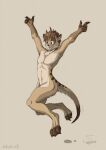  after_transformation anthro brown_body brown_fur brown_hair claws eleode finger_claws fur hair happy herpestid jumping male mammal meerkat navel nude open_mouth solo stripes toe_claws 