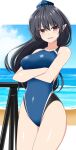  1girl beach black_hair blue_headwear blue_one-piece_swimsuit breasts brown_eyes commentary_request commission crossed_arms hat highres horizon iizunamaru_megumu large_breasts long_hair looking_at_viewer multiple_sources one-piece_swimsuit open_mouth outdoors pointy_ears rise_(rise19851203) second-party_source skeb_commission solo swimsuit tokin_hat touhou 