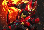  1boy armor black_armor black_bodysuit bodysuit boost_mark_ii_buckle commentary_request cowboy_shot desire_driver fighting_stance fire flame_print fox fox_boy fox_mask gloves glowing glowing_eyes green_fire highres hitodama incoming_attack kamen_rider kamen_rider_geats kamen_rider_geats_(series) kamen_rider_geats_boost_mark_ii kitsune male_focus mask miyabi_(037) mouth_guard orange_eyes power_armor raise_buckle raised_fist red_gloves shoulder_armor 