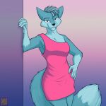  anthro black_nose breasts canid canine canis clothed clothing dipstick_tail dress female foxenawolf fur gloves_(marking) gradient_background hair mammal markings pink_clothing pink_dress simple_background solo tail tail_markings wolf 