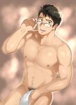  1boy adjusting_eyewear bara blush covering covering_crotch feet_out_of_frame glasses gradient_background highres large_pectorals leg_hair long_sideburns looking_at_viewer male_focus male_pubic_hair mature_male naked_towel navel navel_hair niichi_(niichi21) nipples pectorals pubic_hair short_hair sideburns solo standing thick_thighs thighs toned toned_male towel 