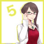  1girl adjusting_eyewear arm_at_side border breasts brown_hair closed_mouth collar_x_malice collarbone commentary cosplay countdown green_eyes hair_bun hand_up ishii_haruna jewelry labcoat light_smile long_hair long_sleeves looking_at_viewer medium_breasts mukai_eriko mukai_eriko_(cosplay) necklace nigari_(ngari_0115) outside_border pendant real_life red-framed_eyewear red_shirt semi-rimless_eyewear shirt sidelocks simple_background single_hair_bun sleeves_past_wrists solo swept_bangs under-rim_eyewear upper_body voice_actor voice_actor_connection white_background yellow_border 