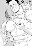  2boys bara bare_pectorals beard beard_stubble boku_no_hero_academia clothes_lift endeavor_(boku_no_hero_academia) facial_hair from_below grabbing grabbing_from_behind greyscale hawks_(boku_no_hero_academia) highres large_pectorals light_frown male_focus mature_male monochrome multiple_boys muscular muscular_male nipple_tweak pain-lucky777 pectoral_focus pectorals scar scar_across_eye shirt_lift short_hair sideburns spiked_hair stubble sweat tank_top thick_eyebrows upper_body veins veiny_arms very_sweaty white_tank_top yaoi 