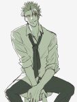  1boy achilles_(fate) arms_between_legs closed_mouth collared_shirt fate_(series) feet_out_of_frame haruakira highres loose_necktie male_focus mature_male monochrome necktie orange_eyes pants shirt simple_background sitting sleeves_past_elbows smile solo spot_color stool undercut 