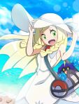  bag beach blonde_hair blunt_bangs braid cloud cloudy_sky commentary_request cosmog day dress duffel_bag finizen green_eyes hands_on_headwear hat highres lillie_(pokemon) long_hair looking_at_viewer marie_(marie_cookie222) ocean open_mouth poke_ball_theme pokemon pokemon_(game) pokemon_sm seashell shell sky sleeveless sleeveless_dress smile sun_hat twin_braids white_dress white_headwear 