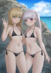  2girls absurdres aqua_eyes arm_around_waist arm_at_side bare_arms bare_shoulders bikini black_bikini blonde_hair blunt_bangs character_request closed_mouth cloud cloudy_sky collarbone contrapposto feet_out_of_frame flat_chest hair_between_eyes hand_up highres horizon light_blush long_hair looking_at_viewer micro_bikini miso_(b7669726) monster_strike multiple_girls navel ocean outdoors purple_eyes rock side-tie_bikini_bottom side_ponytail sky smile standing stomach straight_hair string_bikini swept_bangs swimsuit v white_hair 