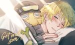  1boy black_headwear blonde_hair blush briskadet_(sonny_brisko) commentary english_commentary eyelashes goggles grey_sweater hand_up helmet highres indoors light_particles light_rays long_sleeves lying male_focus messy_hair nijisanji nijisanji_en on_side one_eye_closed parted_lips pillow purple_eyes short_hair sick sleeves_past_wrists sonny_brisko spring_onion sweat sweater szainx turtleneck turtleneck_sweater under_covers 