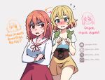 2girls ai-generated artist_name blonde_hair blue_eyes blush body_switch breasts collarbone disgust english_text green_vest highres instagram_username kanojo_okarishimasu multicolored_hair multiple_girls nanami_mami open_mouth pen-pen_arts personality_switch pixiv_username red_ribbon red_sailor_collar red_skirt ribbon sailor_collar sakurasawa_sumi school_uniform shirt skirt small_breasts thighs twitter_username vest white_shirt 