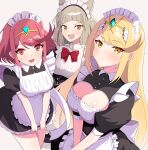  3girls :d absurdres alternate_costume animal_ears apron black_dress blonde_hair blunt_bangs bow bowtie breasts cleavage_cutout clothing_cutout collared_dress dress drop_earrings earrings enmaided facial_mark grey_hair highres jewelry large_breasts light_blush long_hair looking_at_viewer maid maid_apron maid_headdress multiple_girls mythra_(xenoblade) nia_(xenoblade) open_mouth puffy_short_sleeves puffy_sleeves pyra_(xenoblade) red_bow red_bowtie red_eyes red_hair shiny_skin short_sleeves small_breasts smile swept_bangs tiara white_background xenoblade_chronicles_(series) xenoblade_chronicles_2 yellow_eyes yoshikirino 
