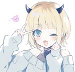  1girl :3 aqua_eyes black_shirt blonde_hair blue_sweater blush clenched_hand collarbone fake_horns fang hand_up horns memcho off-shoulder_sweater off_shoulder one_eye_closed open_mouth oshi_no_ko qi7pi shirt short_hair simple_background smile solo sweater turtleneck upper_body v white_background 
