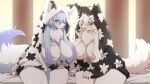  anthro arctic_fox arctic_wolf big_breasts blue_eyes blue_hair blush breast_size_difference breasts canid canine canis cattleya_mari clothing convenient_censorship curvy_figure duo female female/female fluffy fox fur hair hand_holding hand_on_leg hand_on_thigh hi_res huge_breasts kemono lily_mari long_hair mammal married_couple monokurosekai06 pajamas purple_eyes thick_thighs voluptuous white_body white_fur white_hair wide_hips wolf 