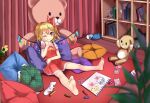  1girl ascot barefoot blonde_hair blurry blurry_foreground bookshelf bow breasts child&#039;s_drawing collared_shirt crayon crystal danmaku flandre_scarlet frilled_shirt_collar frilled_skirt frilled_sleeves frills full_body hair_between_eyes hair_bow hand_on_own_cheek hand_on_own_face head_rest highres indoors leaf medium_hair multicolored_wings no_headwear one_eye_closed one_side_up picture_frame pillow plant potted_plant puffy_short_sleeves puffy_sleeves red_bow red_curtains red_eyes red_ribbon red_skirt red_vest ribbon shirt short_sleeves sketchbook skirt skirt_set sleeve_ribbon small_breasts socks soles solo stuffed_animal stuffed_toy teddy_bear touhou unworn_socks vest white_shirt white_socks wings wooden_floor yellow_ascot younggk 