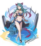  1girl alternate_costume aqua_hair artist_name bikini blue_bikini bracelet cm_lynarc dragalia_lost dragon_girl dragon_horns dragon_tail full_body green_eyes highres horns jewelry long_hair looking_at_viewer mercury_(dragalia_lost) multicolored_hair navel partially_submerged pointy_ears purple_hair solo swimsuit tail 