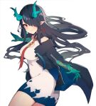  1girl arknights bare_shoulders black_hair black_jacket breasts cleavage_cutout closed_mouth clothing_cutout colored_skin cowboy_shot dragon_girl dragon_horns dress dusk_(arknights) earrings english_commentary green_horns green_skin hair_over_one_eye highres horns jacket jewelry large_breasts long_hair looking_at_viewer looking_back necktie one_eye_covered open_clothes open_jacket pointy_ears red_eyes red_necktie seion simple_background sleeveless sleeveless_dress solo tassel tassel_earrings white_background white_dress 