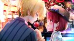  1boy 1girl absurdres aerial_fireworks arima_kana blonde_hair blue_bow blue_eyes blue_kimono blurry blurry_background blush bob_cut bokeh bow brown_headwear candy_apple depth_of_field eye_contact fireworks floral_print food hair_behind_ear hat hat_bow highres holding holding_another&#039;s_wrist holding_food hoshino_aquamarine japanese_clothes kimono lantern lilac10 looking_at_another no_pupils open_mouth oshi_no_ko red_eyes short_hair sparkle star-shaped_pupils star_(symbol) summer_festival symbol-shaped_pupils twitter_username wavy_mouth white_kimono yukata 
