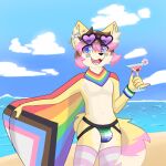  2023 anthro beach beverage blue_eyes brown_hair bulge canid canine clothed clothing digital_media_(artwork) ear_piercing eyewear eyewear_on_head fox fur girly hair hi_res jockstrap legwear lgbt_pride looking_at_viewer male male/male mammal open_mouth partially_clothed piercing pink_hair pride_colors rainbow_pride_colors sea seaside shaded six-stripe_rainbow_pride_colors smile solo stated_homosexuality stated_sexuality sunglasses sunglasses_on_head swimwear tail tights underwear vincian_pride_colors water 