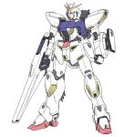  blue_eyes clenched_hand f91_gundam full_body gun gundam gundam_f91 highres holding holding_gun holding_weapon mecha mituo_sakinori mobile_suit no_humans robot science_fiction simple_background solo standing v-fin weapon white_background 