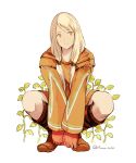  1girl blonde_hair boots closed_mouth final_fantasy final_fantasy_tactics full_body geomancer_(fft) gloves long_hair looking_at_viewer muraicchi_(momocchi) plant simple_background smile solo squatting twintails white_background 