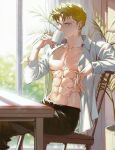  1boy abs bare_pectorals black_pants collared_shirt cup drinking earrings green_hair holding holding_cup indoors jewelry large_pectorals male_focus muscular muscular_male navel nipples one_piece open_clothes open_shirt pants pectorals roronoa_zoro runa_(nori31291404) scar scar_on_chest shirt short_hair sitting solo white_shirt 