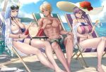  1boy 2girls abs artist_request azur_lane beach bikini blonde_hair blue_eyes blue_hair breasts clothing_cutout commentary commission drink english_commentary flower hat hat_flower holding holding_drink large_breasts long_hair looking_at_another multiple_girls palm_tree purple_hair reno_(azur_lane) reno_(summer_spin-off)_(azur_lane) short_hair sideboob swimsuit ticonderoga_(azur_lane) ticonderoga_(sunshine_princess)_(azur_lane) tree underboob_cutout water 