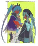  2girls black_dress black_gloves black_headwear blue_hair book border bug_miku_(project_voltage) cape closed_mouth dragon_miku_(project_voltage) dress fake_horns frown gloves hair_between_eyes hair_through_headwear hands_up hatsune_miku highres holding holding_book horns long_hair long_sleeves looking_at_viewer multiple_girls open_book open_mouth pants poke_ball pokemon project_voltage purple_cape standing suaviterra sword twintails very_long_hair vocaloid weapon white_border white_pants yellow_background 