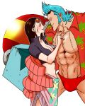  1boy 1girl abs bare_pectorals black_hair blue_hair breasts cleavage commentary_request cropped_jacket cyborg eyewear_on_head franky_(one_piece) hetero large_breasts long_nose male_swimwear midriff mugicha_(zoro1132) muscular muscular_male navel nico_robin one_piece open_clothes open_shirt pectorals pink_skirt skirt sunglasses swim_briefs 