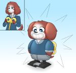  animate_inanimate anthro brown_body brown_fur canid canine canis clothed clothing domestic_dog eyebrows flybeeth fully_clothed fur hi_res inanimate_transformation male mammal permagrin shirt solo sweater topwear transformation white_body white_fur wind-up_key wind-up_toy worried 
