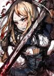  1girl absurdres agrias_oaks angry armor blonde_hair blood blood_on_clothes blood_on_face braid chuhaibane final_fantasy final_fantasy_tactics highres holding holding_weapon looking_at_viewer red_eyes shoulder_armor simple_background solo sword tooth upper_body weapon 