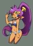  2022 absurd_res bikini blue_eyes breasts cleavage clothed clothing ear_piercing ear_ring female genie hair hi_res humanoid humanoid_pointy_ears long_hair looking_at_viewer navel niyuyu not_furry one_eye_closed open_mouth open_smile piercing ponytail purple_hair ring_piercing shantae shantae_(series) simple_background smile solo swimwear tan_body tan_skin wayforward wink 